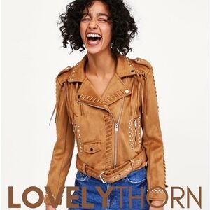 ZARA // ltd ed blogger fave studded embroidered faux suede fringe moto jacket